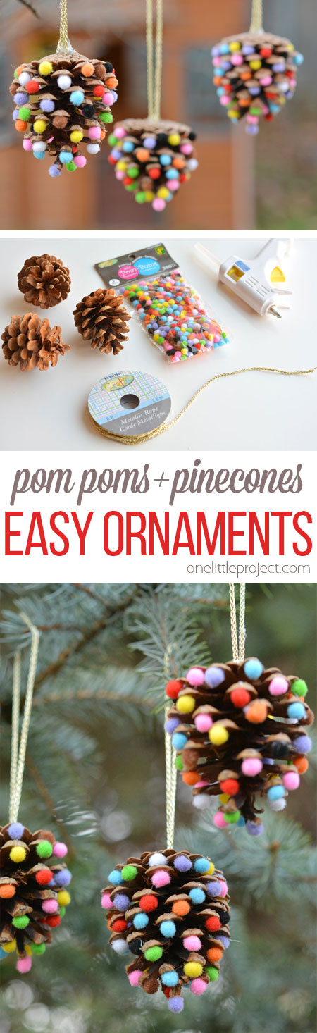 These pom pom and pinecone ornaments are SO EASY! They're a great craft for both kids and adults and they end up looking surprisingly beautiful!