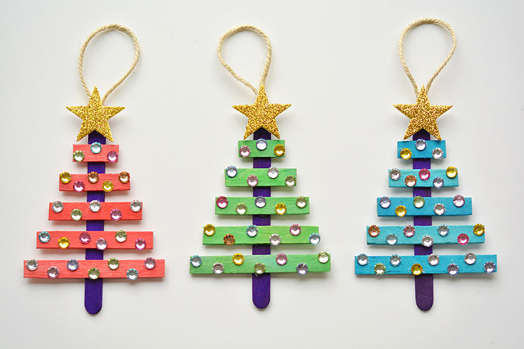 Glittering Popsicle Stick Christmas Trees made with Sticker Rhinestones