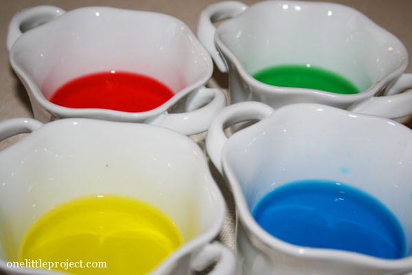 bowls of vinegar dyed with food colouring