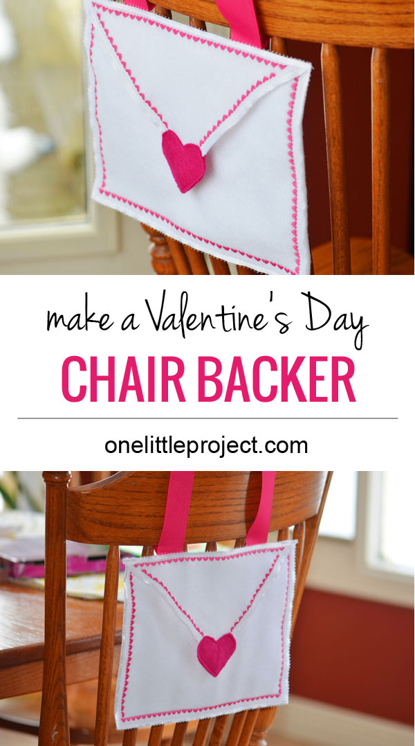 Make this Pottery Barn knock off Valentine's Day chair backer and fill it with treats on Valentine's Day!