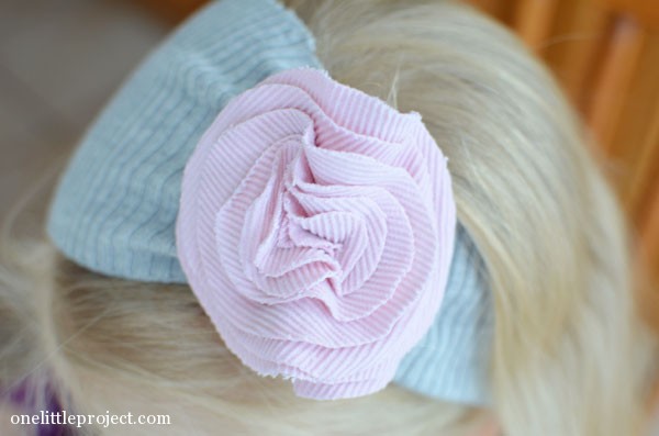 Easy fabric flower headband tutorial - made from re-purposed clothing | onelittleproject.com