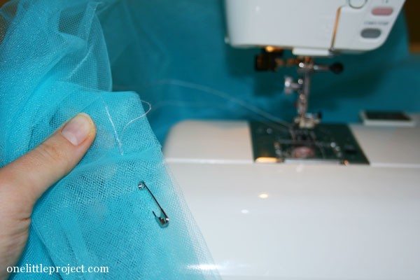 sewing blue tulle