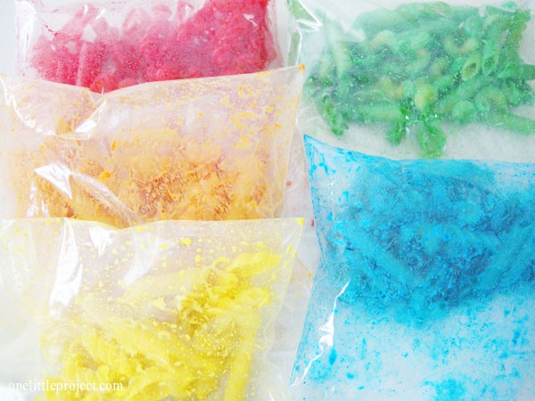 dyed pasta in plastic bags