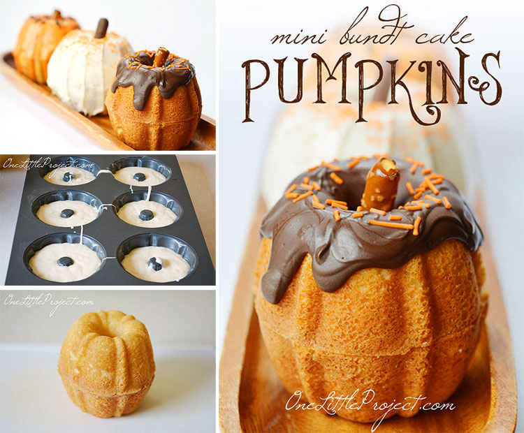 These mini bundt cake pumpkins are ADORABLE! And they're really easy to make! Such a pretty dessert for Halloween or Thanksgiving!