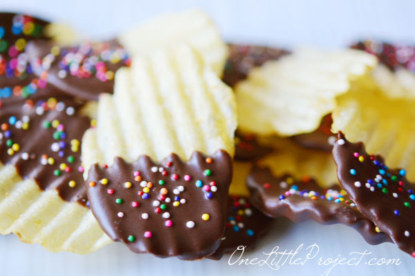 Chocolate dipped potato chips - Melt chocolate, dip, sprinkle and you are done!  Check out the full tutorial here.