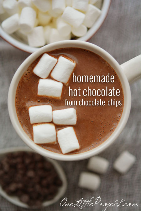 Homemade Hot Chocolate. Only 3 ingredients. Use chocolate chips instead of mixing powders together.  Delicious!
