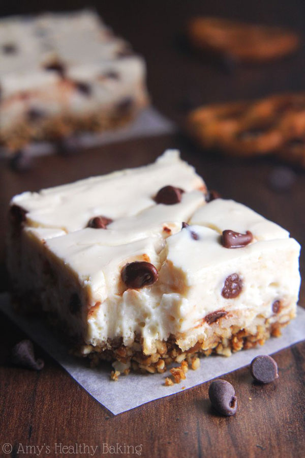 50+ Best Squares and Bars Recipes - Skinny Chocolate Chip Pretzel Cheesecake Bars