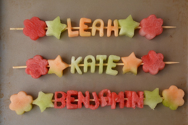 These mini alphabet melon skewers are a fun and healthy snack idea! Cut out the letters from fresh fruit and slide them onto a skewer!