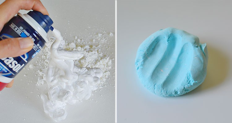 Finished shaving cream play dough beside an image of spraying shaving cream