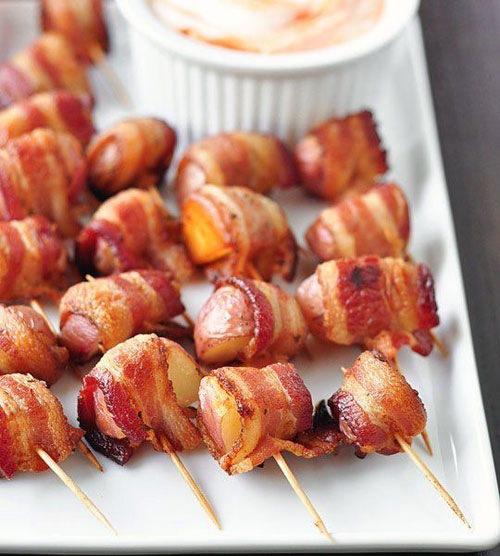 50+ Food on a Stick Lunch Ideas - Bacon Wrapped Potato Bites with Spicy Sour Cream Dipping Sauce