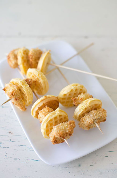 50+ Food on a Stick Lunch Ideas - Baked Panko Chicken and Waffles on a Stick