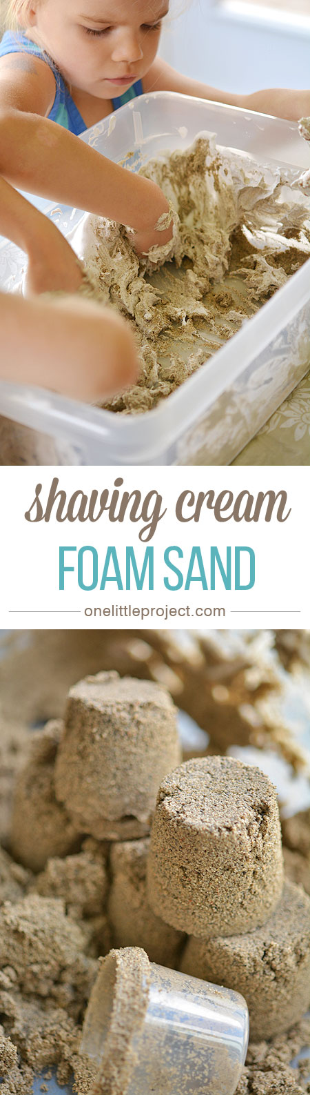 This shaving cream foam sand is an EASY way to make kinetic sand. It only takes two ingredients, and it ends up being a really interesting sensory experiment!