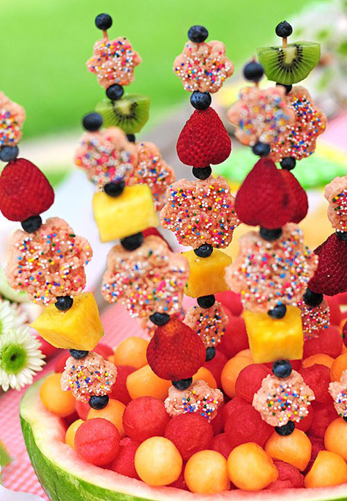 50+ Food on a Stick Lunch Ideas - Fruity Rice Krispies Kabobs
