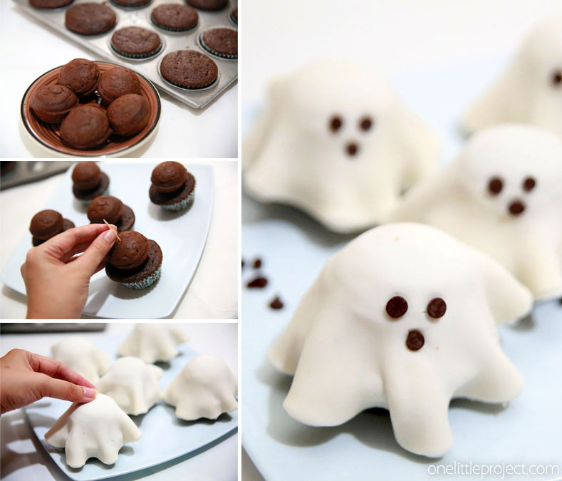 These fondant ghost cupcakes are so easy and make an ADORABLE Halloween treat! Use premade fondant to put them together in a snap! The kids will love them!