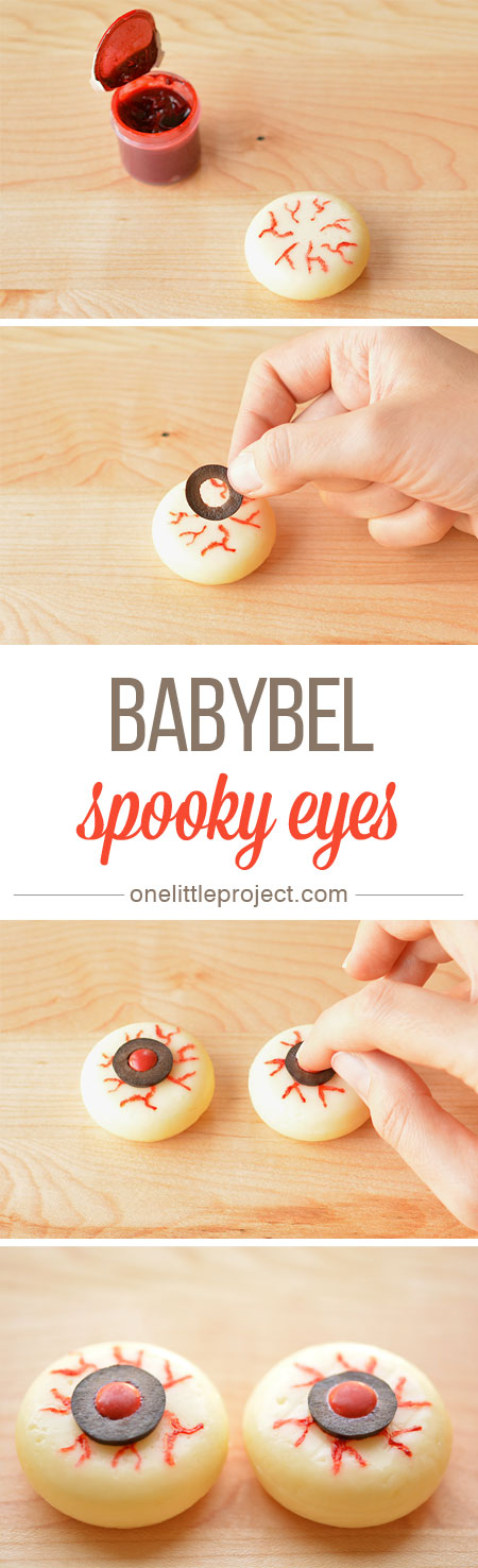 These Babybel eyeballs make a GREAT healthy Halloween snack idea! And they make a mega spooky party food idea too! 