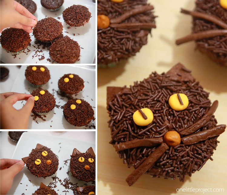 These non-spooky black cat cupcakes make a great Halloween treat! They're fun, cute and easy enough that anyone can make them!
