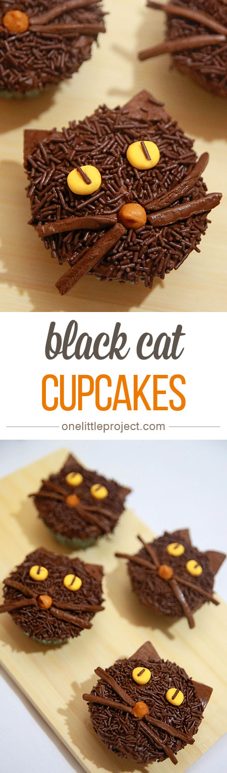 These non-spooky black cat cupcakes make a great Halloween treat! They're fun, cute and easy enough that anyone can make them!