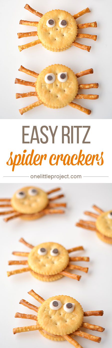 These Ritz cracker spiders are so easy! They don't take any more time to make than a sandwich, but they are SO CUTE!