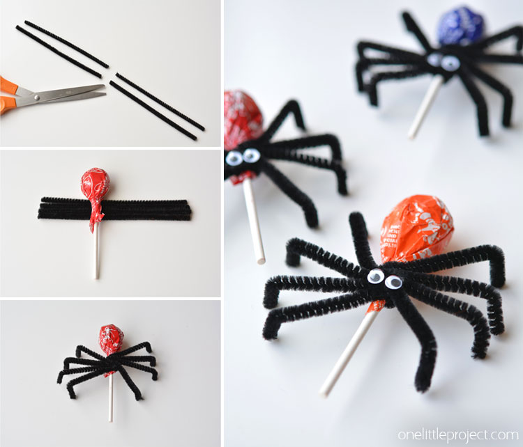 A collage of images showing how to make spider lollipops