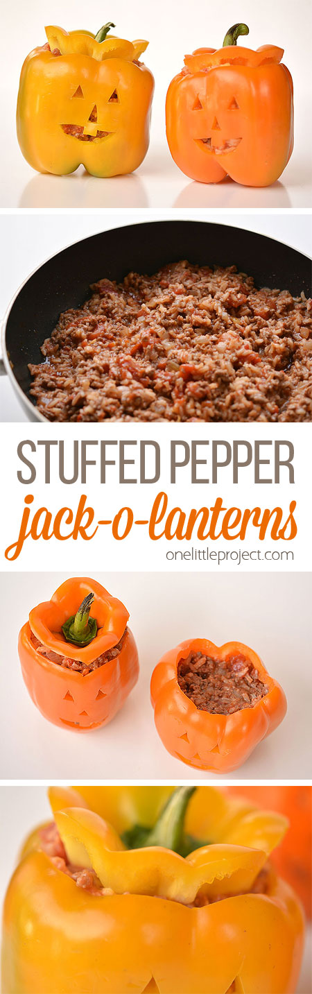 These stuffed pepper jack-o-lanterns are such a FUN and healthy Halloween meal idea! They are surprisingly simple to make, and they look absolutely adorable!