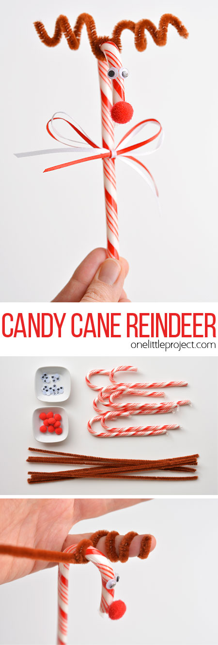 Do you remember making these candy cane reindeer when you were a kid?! They're so cute and SO EASY! What a great holiday craft to do with the kids!