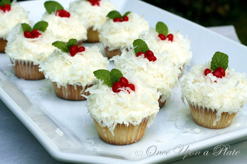 30+ Easy Christmas Cupcake Ideas - Mini Vanilla Cupcakes with Cream Cheese Frosting and Coconut
