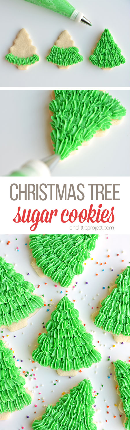 I LOVE the fir tree texture! Follow this easy piping method and then decorate them however you like! The recipe makes PERFECT, fool proof cookies that are perfect for decorating!