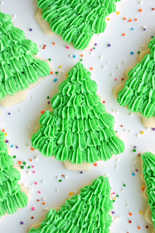 I LOVE the fir tree texture! Follow this easy piping method and then decorate them however you like! The recipe makes PERFECT, fool proof cookies that are perfect for decorating!