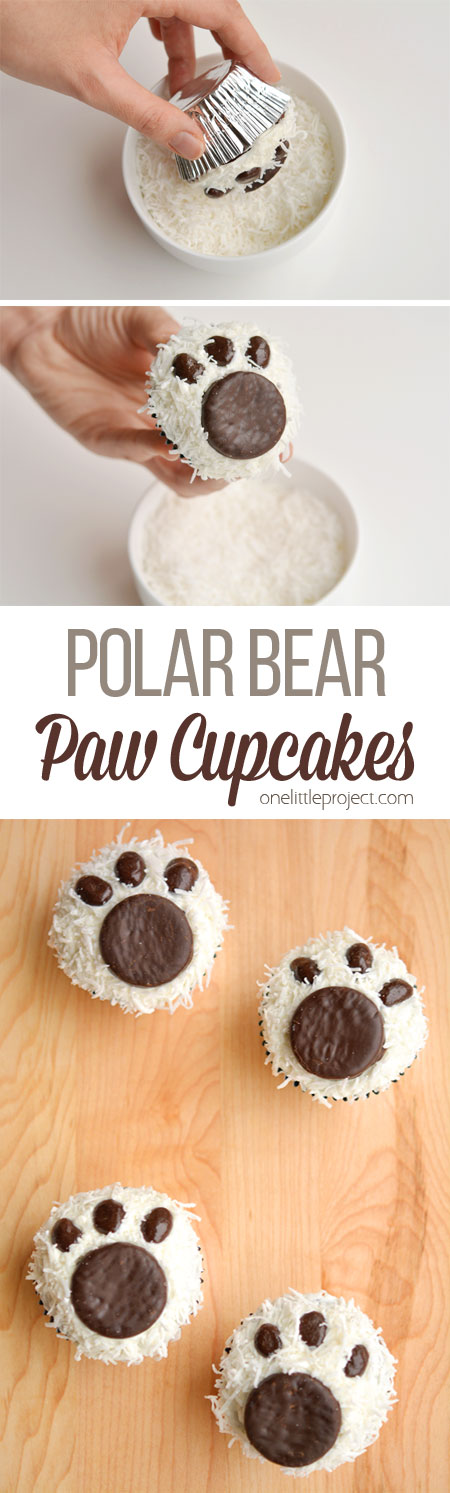 These polar bear paw cupcakes are easy to make and they look ADORABLE! They'd be great for a Christmas party, teddy bear picnic, or as a fun winter treat!