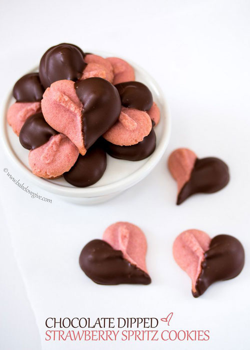 44 Sweet Valentine's Day Treats - Chocolate Dipped Strawberry Spritz Cookies