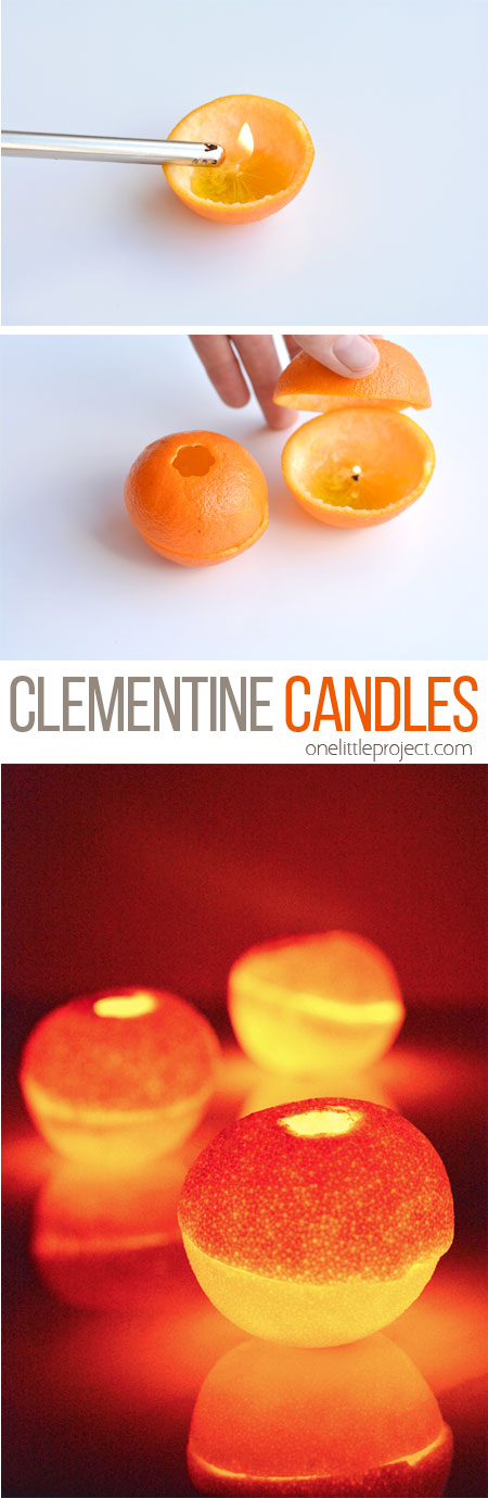 These clementine candles are really easy to make, and will burn for about half an hour. And they smell AMAZING!