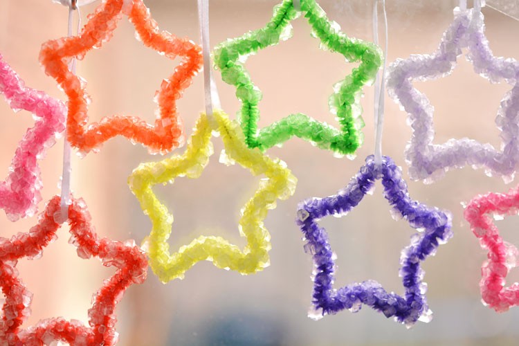 Multiple colors of borax crystal stars hanging up
