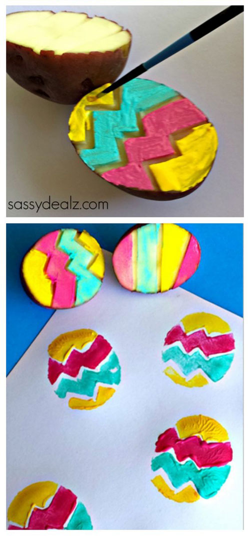 40+ Simple Easter Crafts for Kids - Easter Egg Potato Stamping Craft