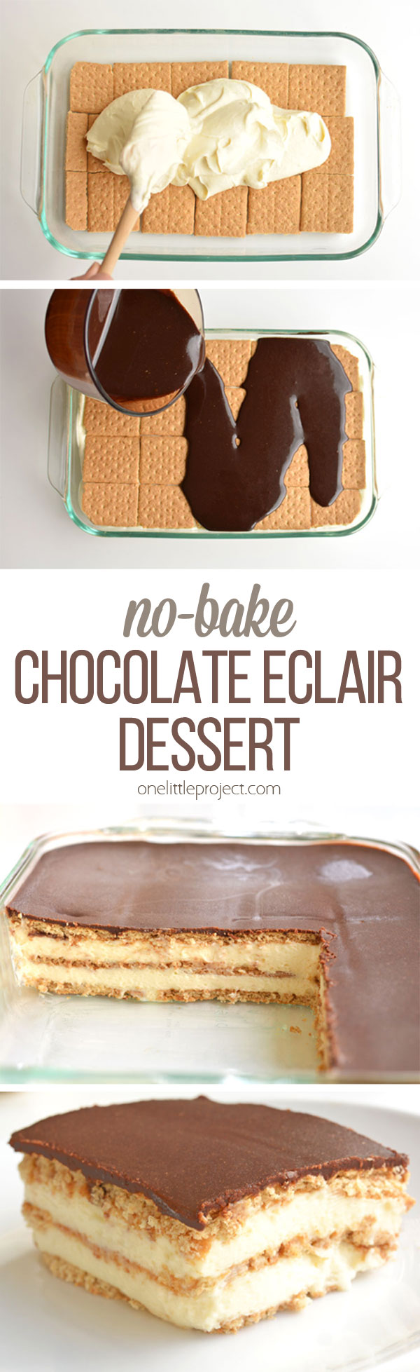 This chocolate eclair cake is such an easy dessert! And it tastes AMAZING with its creamy and delicious layers!! Just like a chocolate eclair, but in a cake. Mmmmm... 
