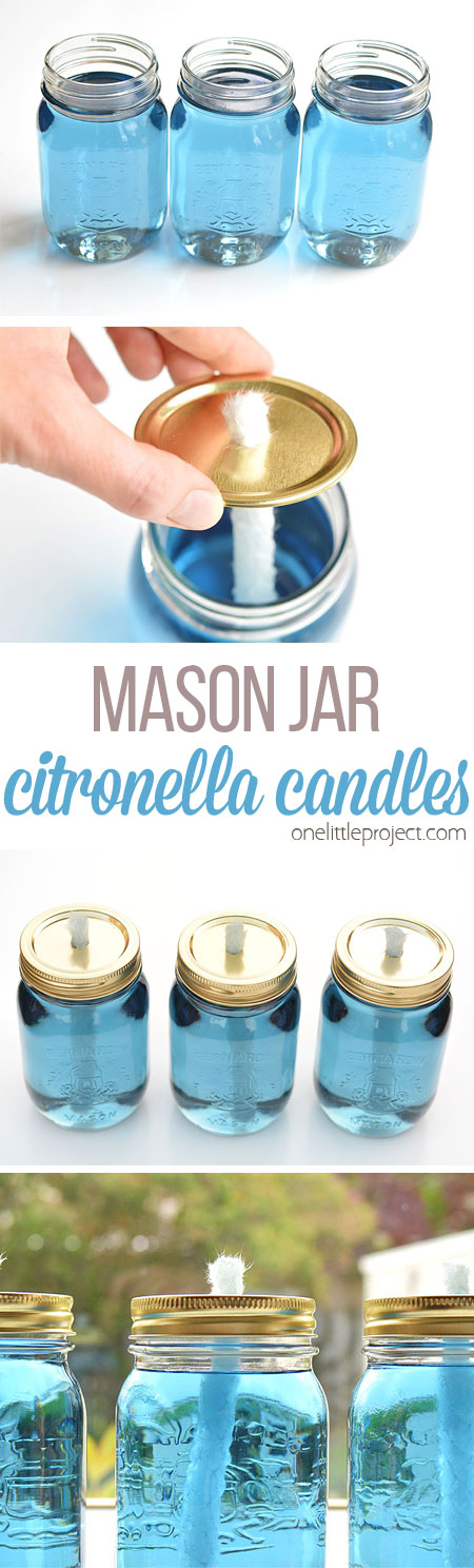 These mason jar citronella candles are REALLY EASY and they really keep the bugs away! What a fun and beautiful summer project! Those flames are amazing!