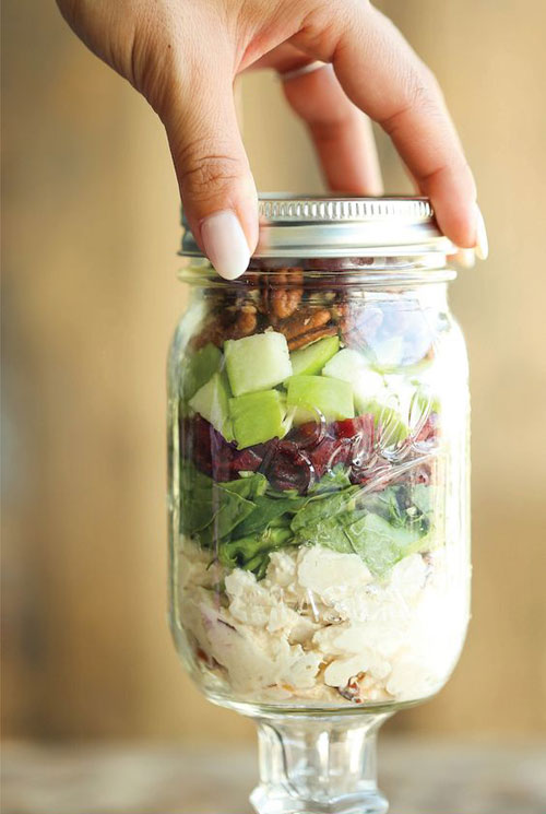 33 Healthy Mason Jar Salads - Chicken, Apple and Pecan Salad in a Jar