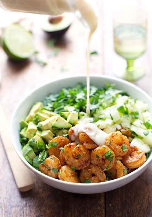 25 Meal Sized Loaded Salads - Shrimp and Avocado Salad with Miso Dressing
