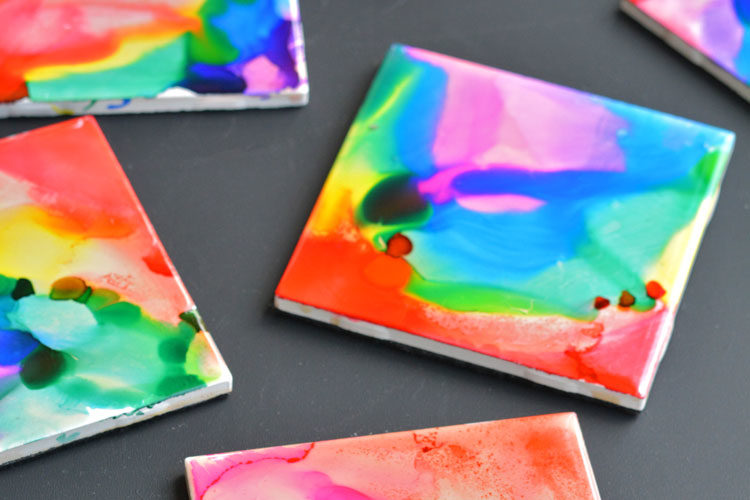 Tile coasters Sharpie dyed using rubbing alcohol