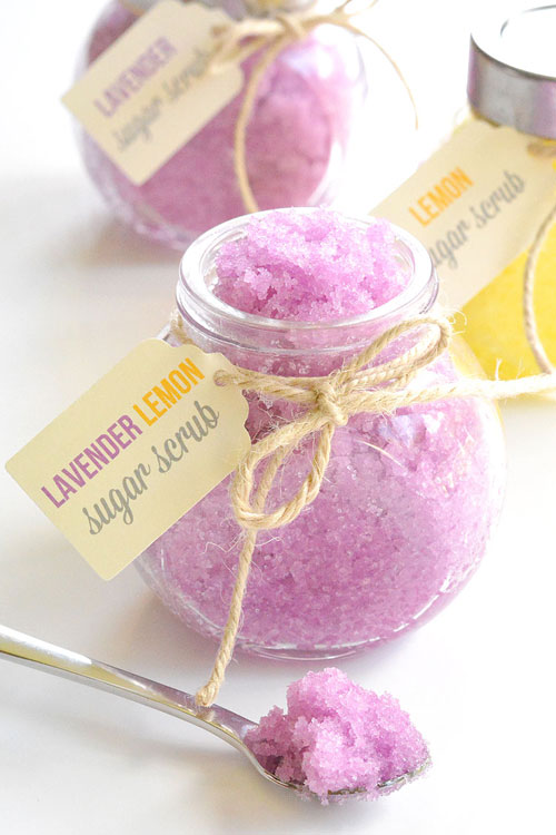 Purple lavender lemon homemade sugar scrub in a jar