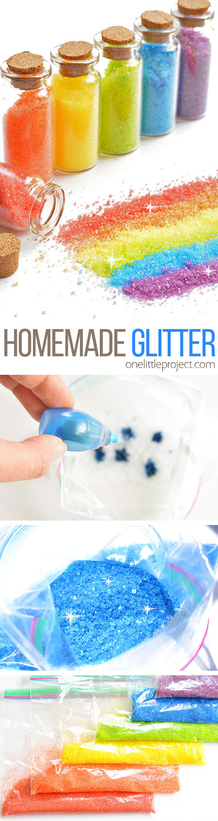 This homemade glitter is such a GREAT project to try with the kids! It sticks to glue just like regular glitter, but it's way cheaper and sooooo much easier to clean up! So fun!