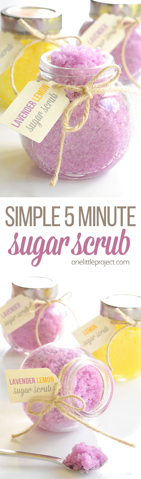 This homemade sugar scrub is SO EASY and it smells amazing! It only takes 5 minutes to make and leaves your skin feeling so soft. It would make a great homemade gift. So luxurious! 