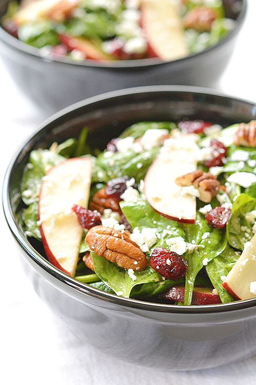 This apple cranberry pecan salad is SO GOOD and so easy! You can make it in less than 5 minutes! The sweet crunch of the apples pairs amazingly well with the feta and pecans. Yum!