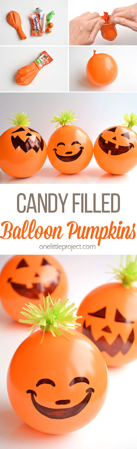 These candy filled balloon pumpkins are AWESOME favors for Halloween parties! They're super inexpensive and really quick to make! Imagine the party games you could play!!