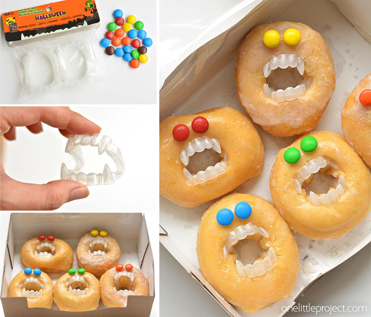 These Halloween monster donuts are an AWESOME treat idea! They take less than five minutes to make and will most likely make someone laugh... or freak them out. But I think I'd be happy with either one of those outcomes!