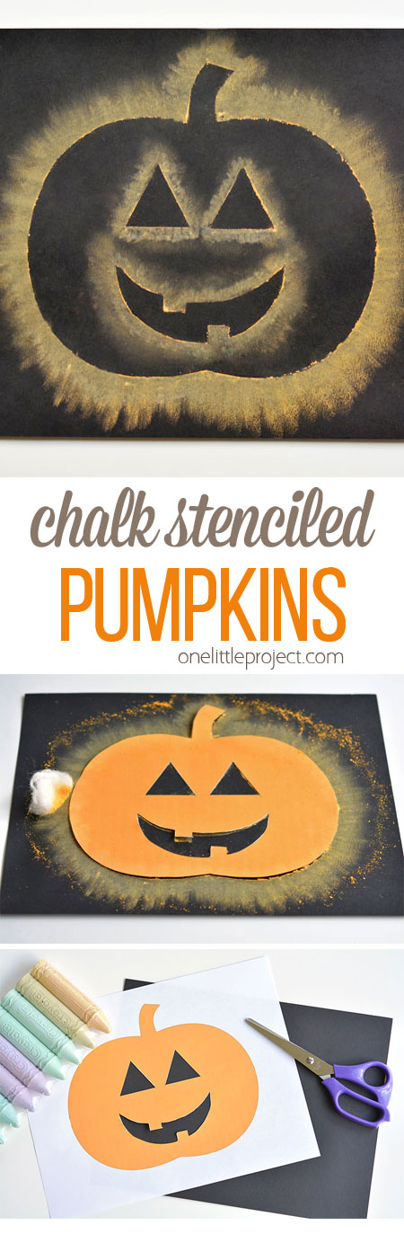 These chalk stenciled pumpkins are so easy and they're SO MUCH FUN! I love how the chalk on the dark paper makes the whole thing look like it's glowing! Such a fun Halloween craft idea!