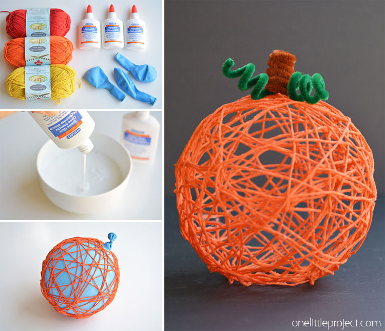 Collage of images showing how to make yarn pumpkins
