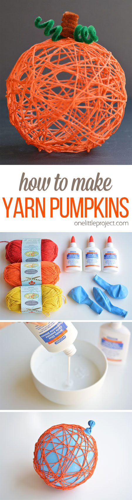 Collage of images for making a yarn pumpkin