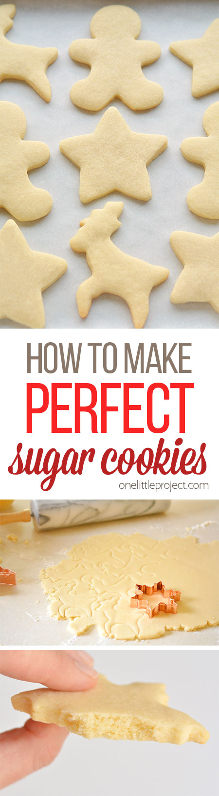 This recipe makes PERFECT sugar cookies! They're delicious both with and without icing, they keep their shape, have perfect edges every time and you don't need to chill the dough!