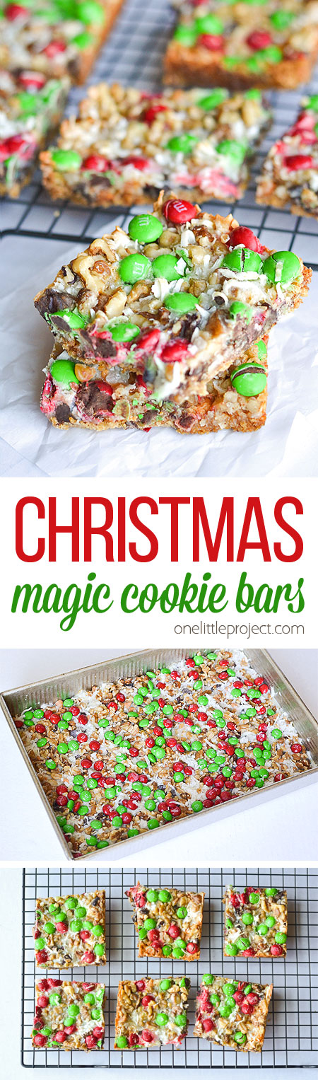 These Christmas magic cookie bars are SO GOOD! And they're so easy to make! Such an awesome family favorite and a delicious Christmas treat idea with the red and green M&M's!