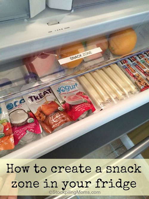 25 Hacks to Organize your Fridge - Make it easy for the kids (or you) to grab a snack by making a snack zone in your fridge